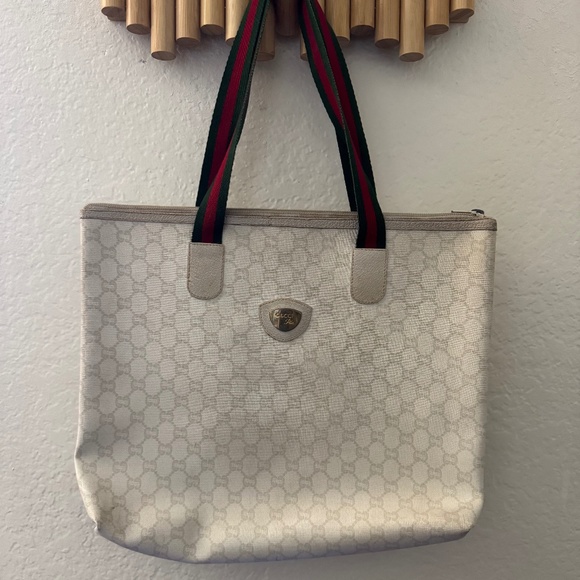 Vintage 1970’s GUCCI Plus GG Monogram Large Shopper Tote Shoulder Bag Web Strap - Picture 1 of 4